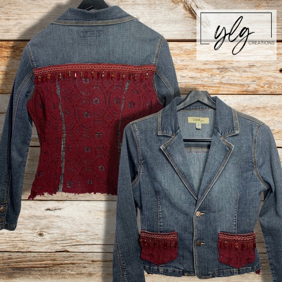 Denim Jacket Refashioned Burgundy Lace Bead Trim Boho Jean Blazer Womens Medium - Picture 1 of 11